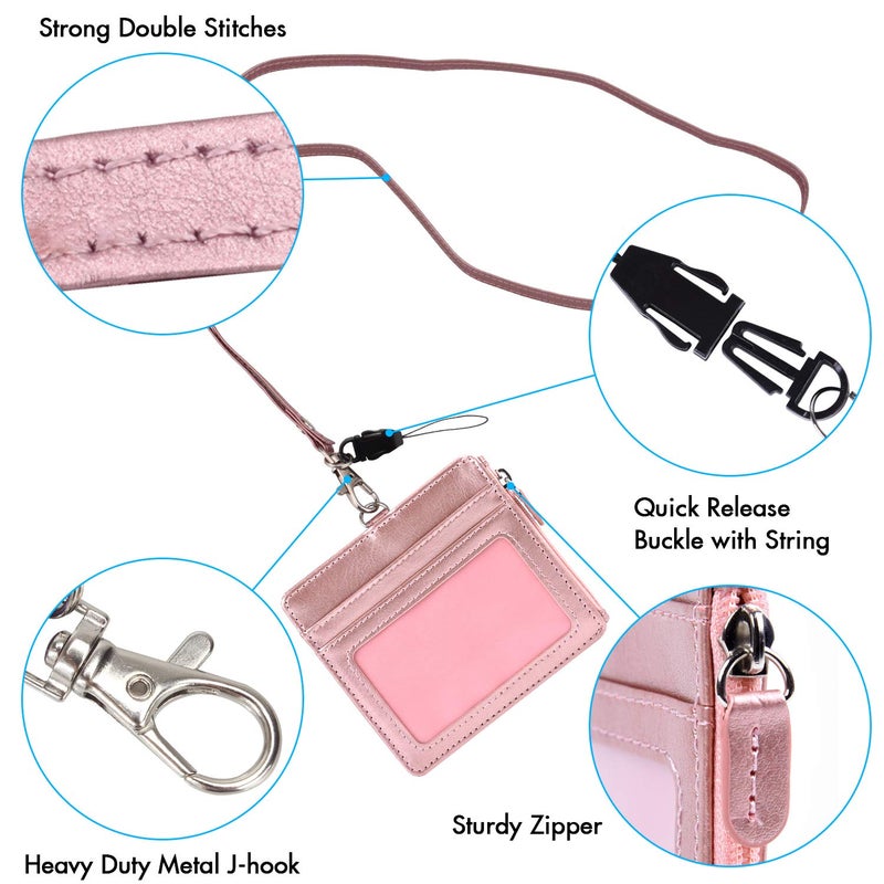 Wisdompro Badge Holder with Zip, Wisdompro 2-Sided PU Leather ID Badge Holder with 1 ID Window, 4 Card Slots, 1 Side Zipper Pocket and 1 Piece 20 Inch Leather Neck Lanyard Strap - Rose Gold (Horizontal) - Image 3